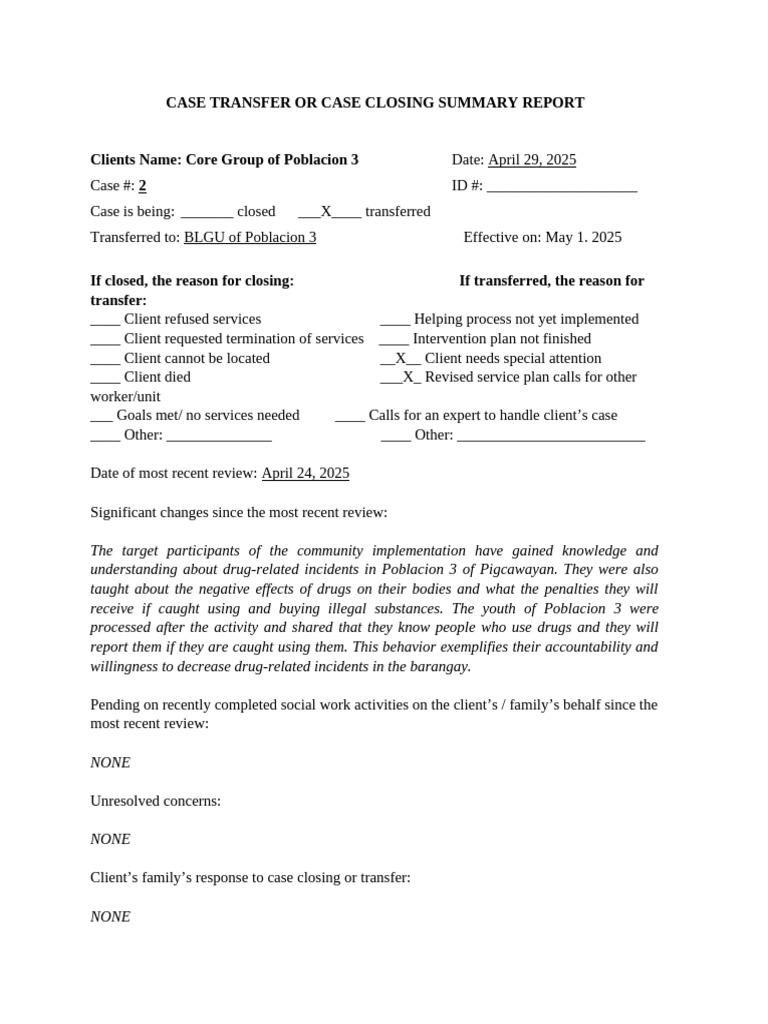 Case Transfer Summary for Core Group | PDF