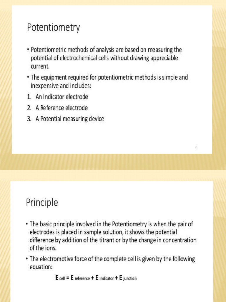 Potentiometry: Principles and Applications | PDF | Titration | Chemistry