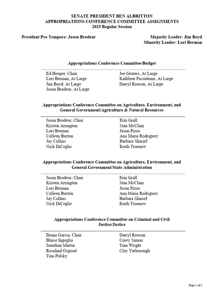 Senate Appropriations Committee Assignments | PDF | Florida