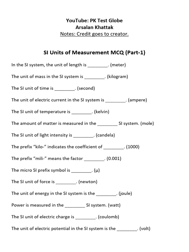 SI Units Measurement MCQs Guide | PDF | International System Of Units ...