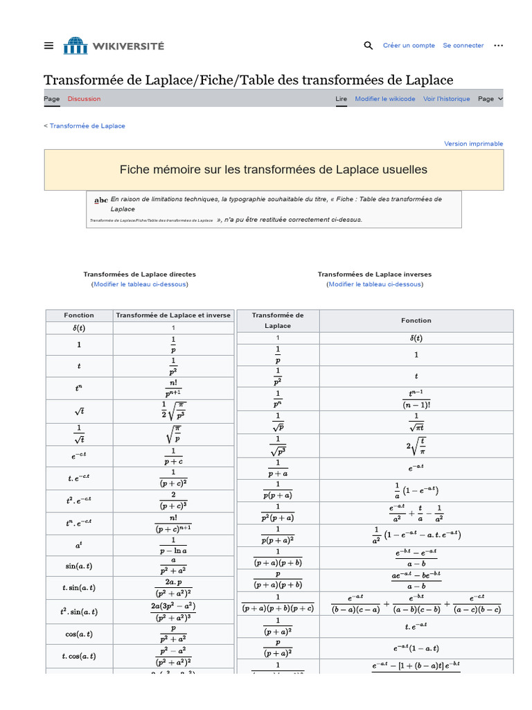 Table des transformées de Laplace | PDF