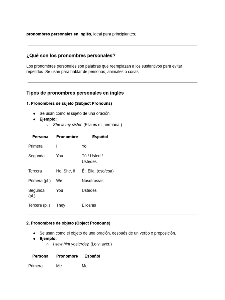 Pronombres Personales en Inglés, Ideal para Principiantes | PDF ...