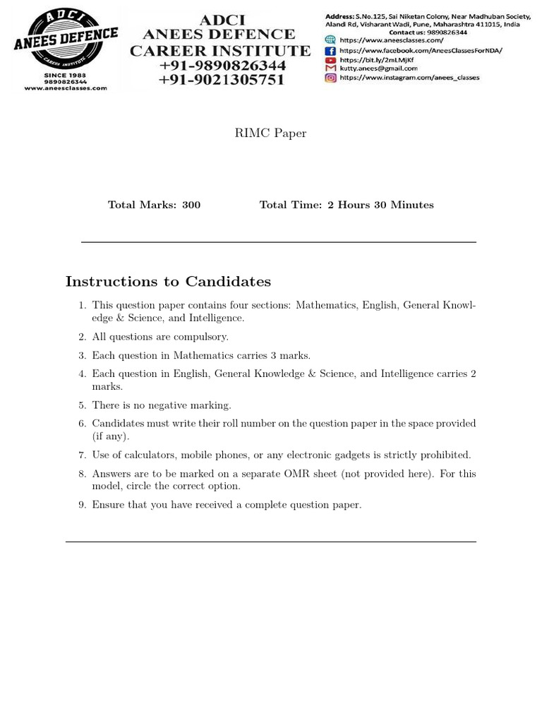 RIMC Exam Question Paper 2023 | PDF | Length | Jawaharlal Nehru