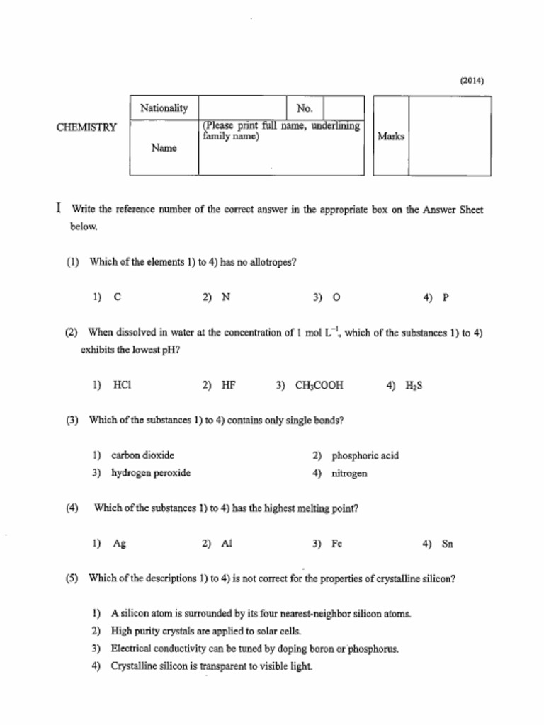 Chemistry Exam Questions and Answers | PDF | Acid | Chlorine
