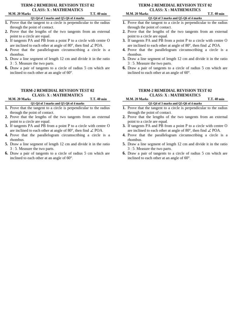 Class X Mathematics Remedial Test | PDF | Circle | Perpendicular