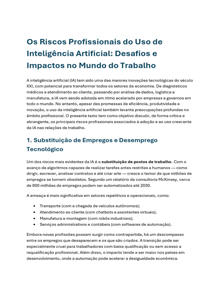 Riscos da IA no Trabalho: Desafios e Impactos | PDF | Inteligência ...