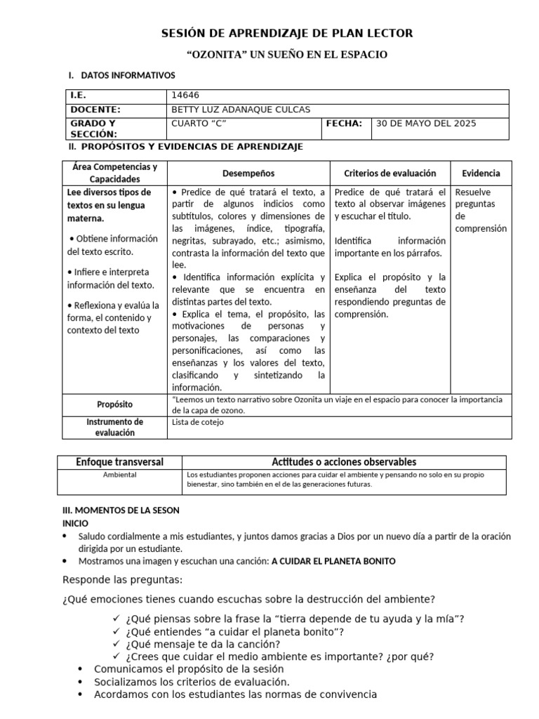 Sesión de Aprendizaje de Plan Lector | PDF | Ozono | Agotamiento del ozono