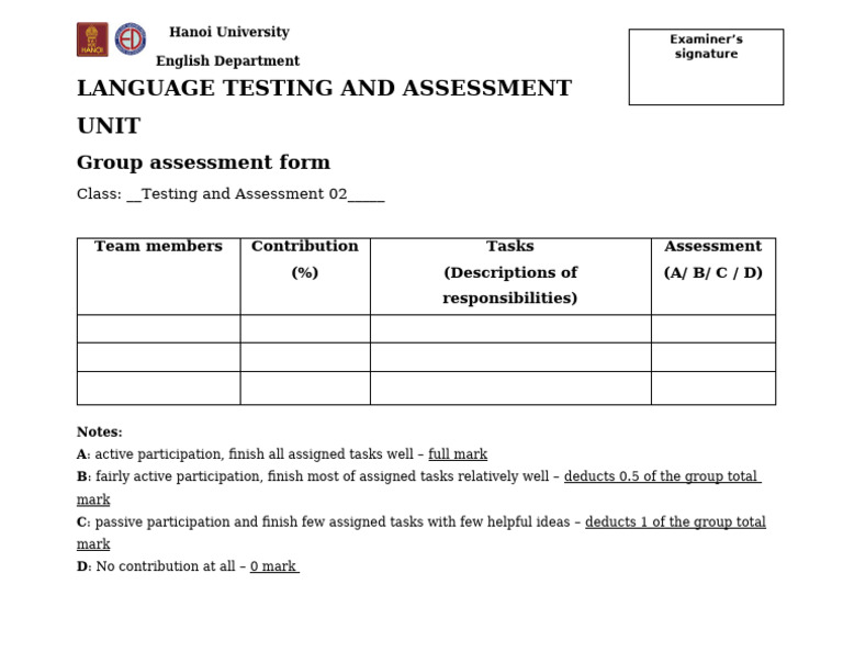 A22 Group Assessment Form | PDF