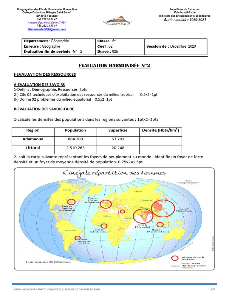 Évaluation de géographie 5e : démographie | PDF | Surpopulation humaine
