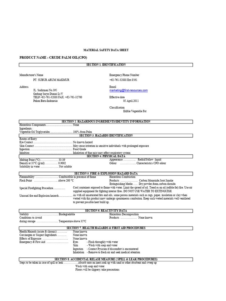 Crude Palm Oil MSDS Overview | PDF | Fires | Vegetable Oil