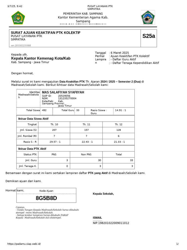 Ajuan Keaktifan PTK S25a 2024/2025 | PDF