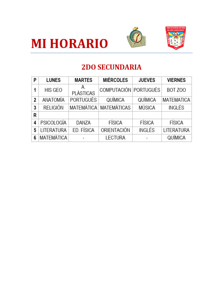 Mi Horario 2do Secundaria Rojo | PDF