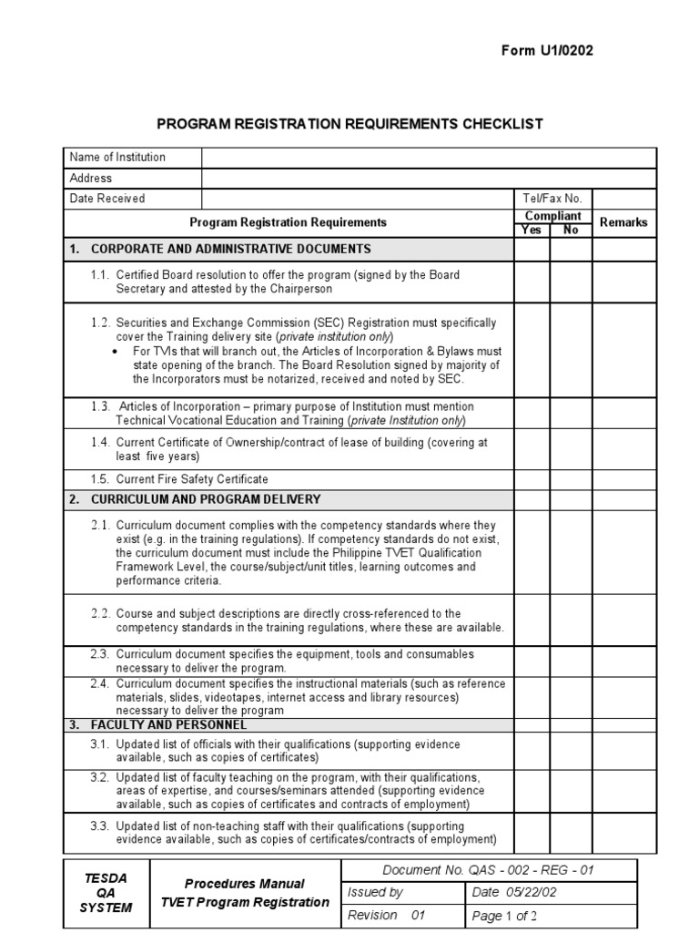 Program Registration Requirements Checklist Vocational Education
