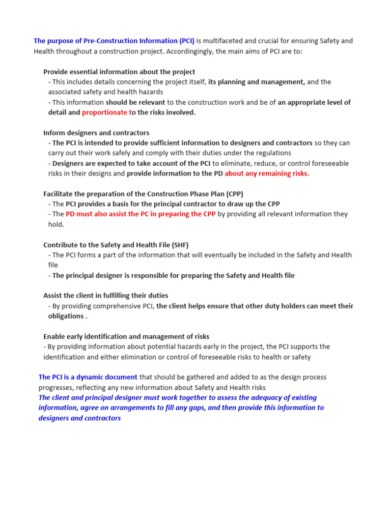 Purpose of Pre-Construction Information (PCI) Notes | PDF