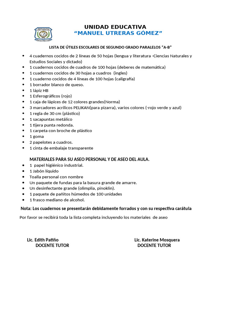 Lista de Útiles 2025 - Segundo Katy-Patiñito | PDF