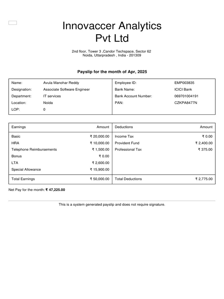 April 2025 Payslip for Avula Manohar Reddy | PDF
