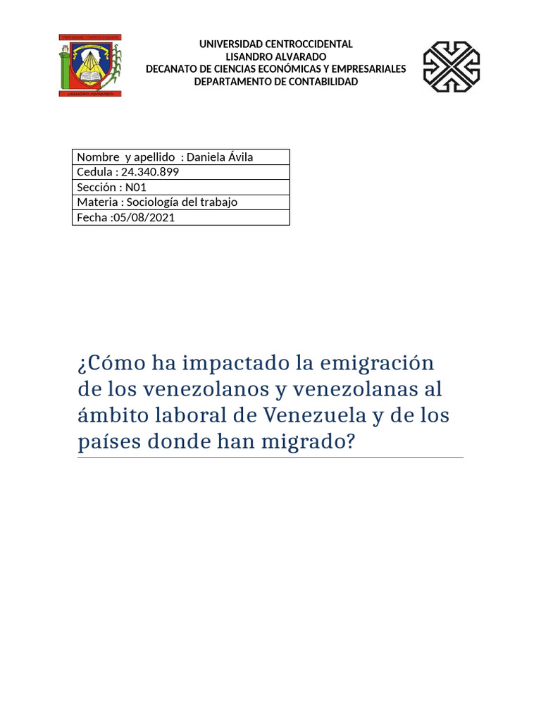 Como Ha Impactado La Migracion Trabajo DANIELA AVILA | PDF | Migración ...