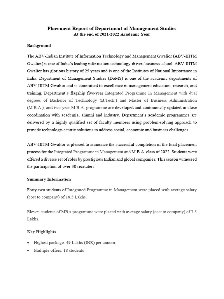 IIITM Gwalior 2022 Placement Report | PDF | Business