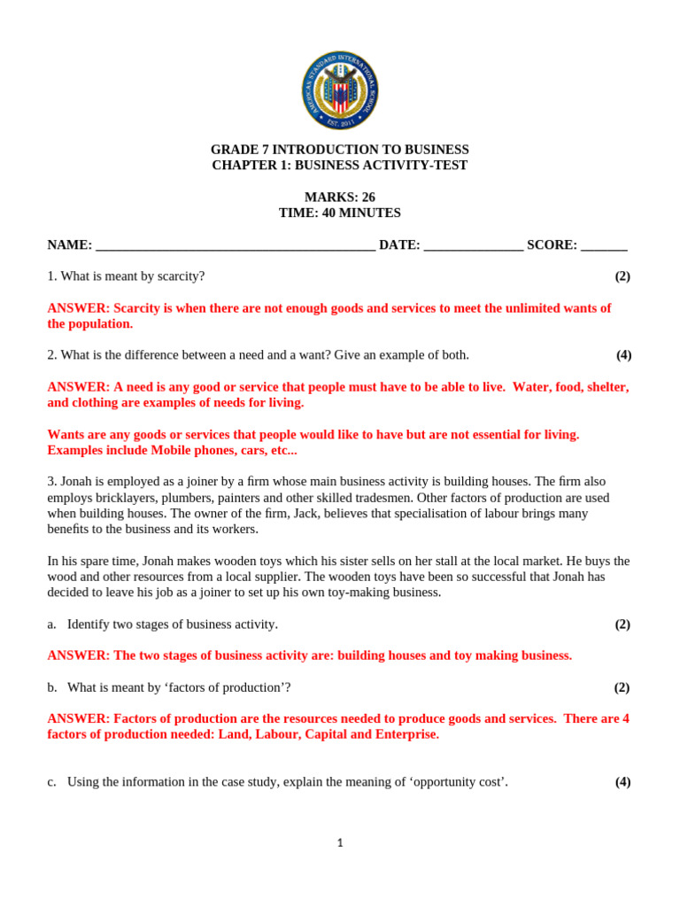 Grade 7 Introduction To Business Handout-Chapter 1-Test-Answers | PDF ...