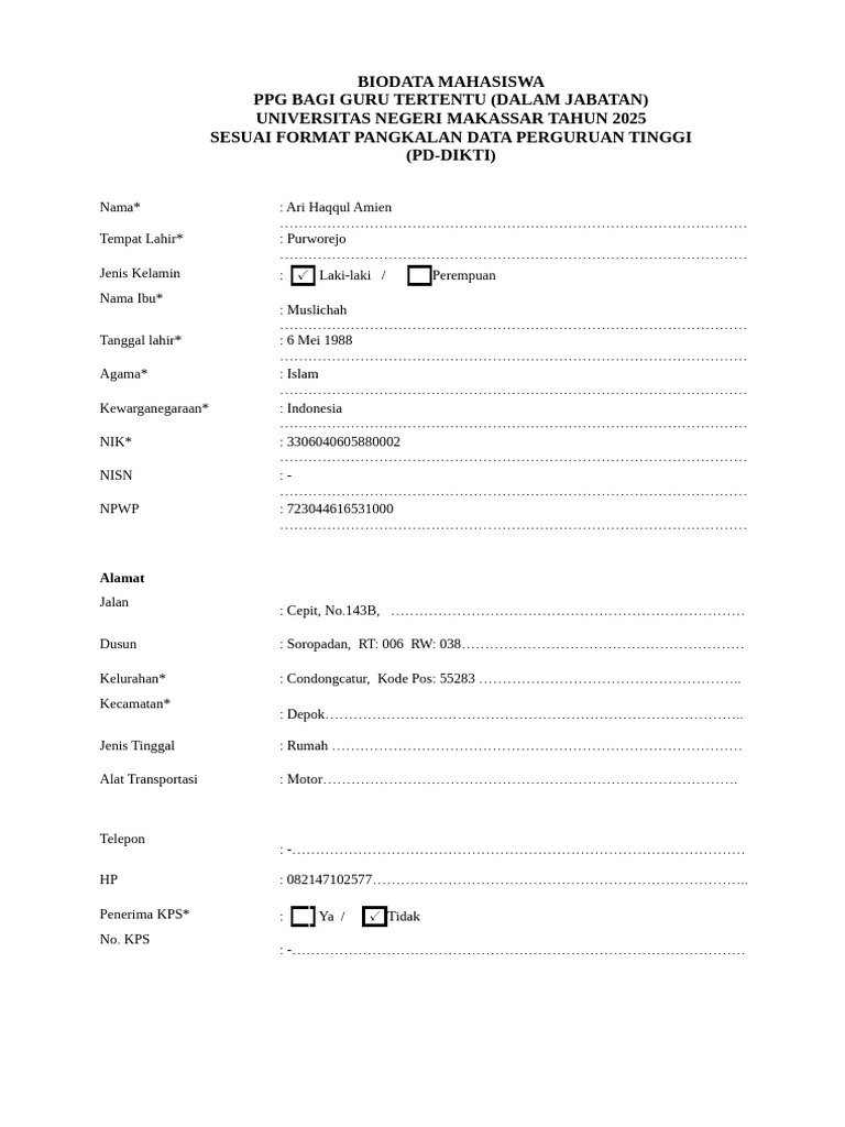 Form Biodata Lapor Diri PDPT PD Dikti | PDF