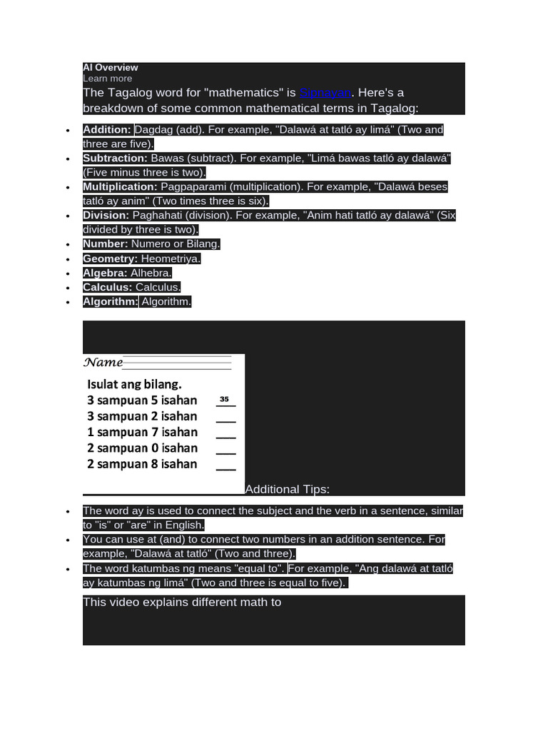 Tagalog Terms for Mathematics | PDF
