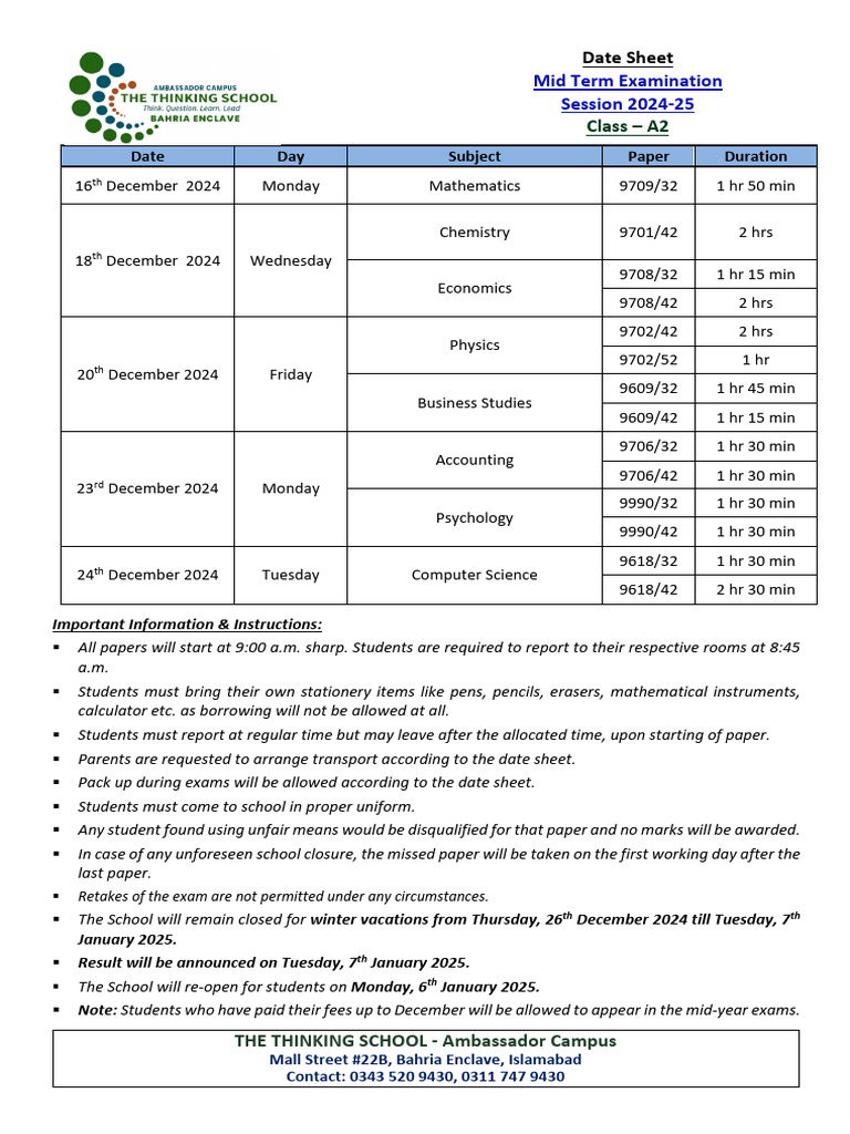 Date Sheet Mid Term - A2 | PDF