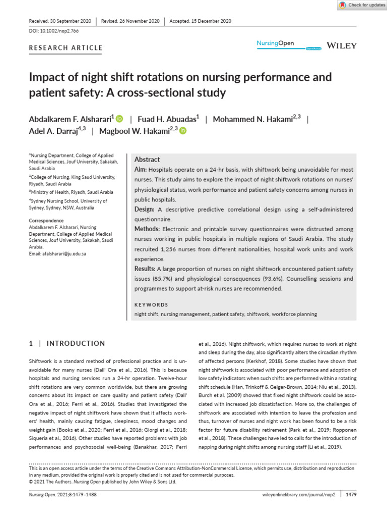 Nursing Open - 2021 - Alsharari - Impact of Night Shift Rotations On ...