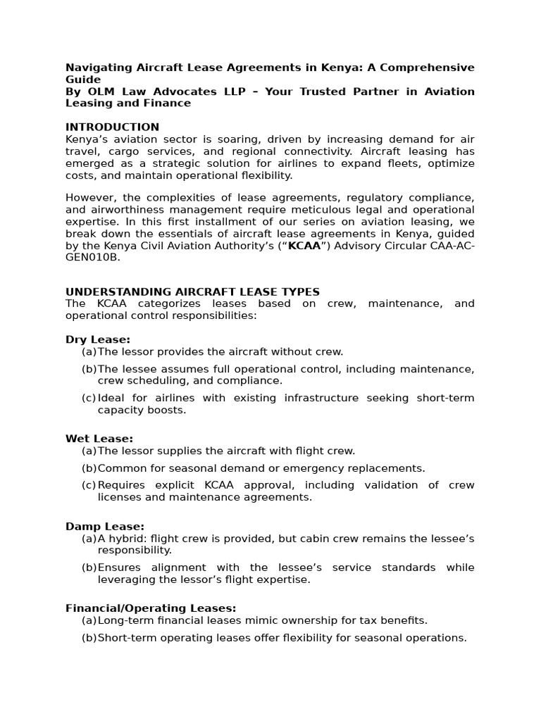 Navigating Aircraft Lease Agreements in Kenya | PDF | Lease | Aviation