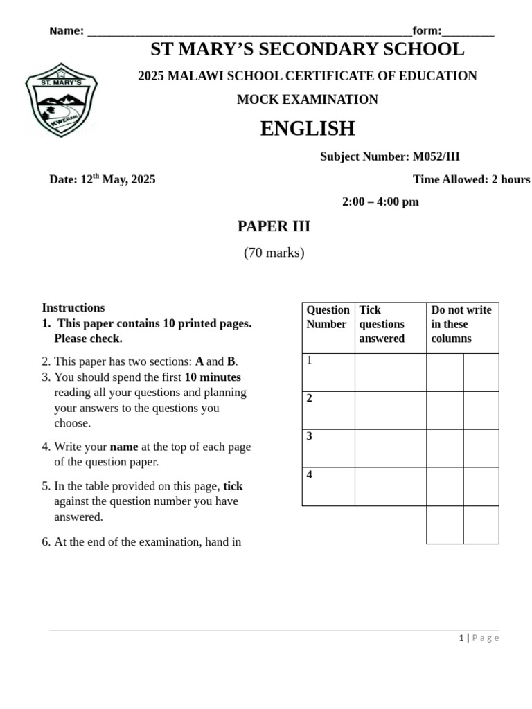 2025 MSCE English Mock Exam Paper 3 | PDF
