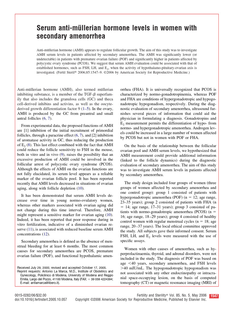 Serum Anti-müllerian Hormone Levels in Women With Secondary Amenorrhea ...