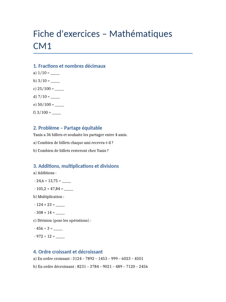 Exercices De Math matiques CM1 Imprimer PDF