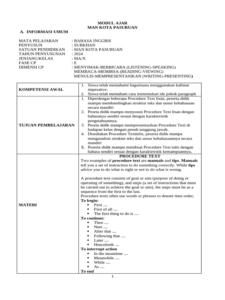 Modul Ajar Procedure Text | PDF