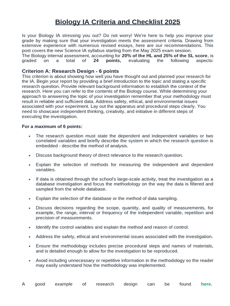 Biology IA Criteria & Checklist 2025 | PDF | Methodology | Data