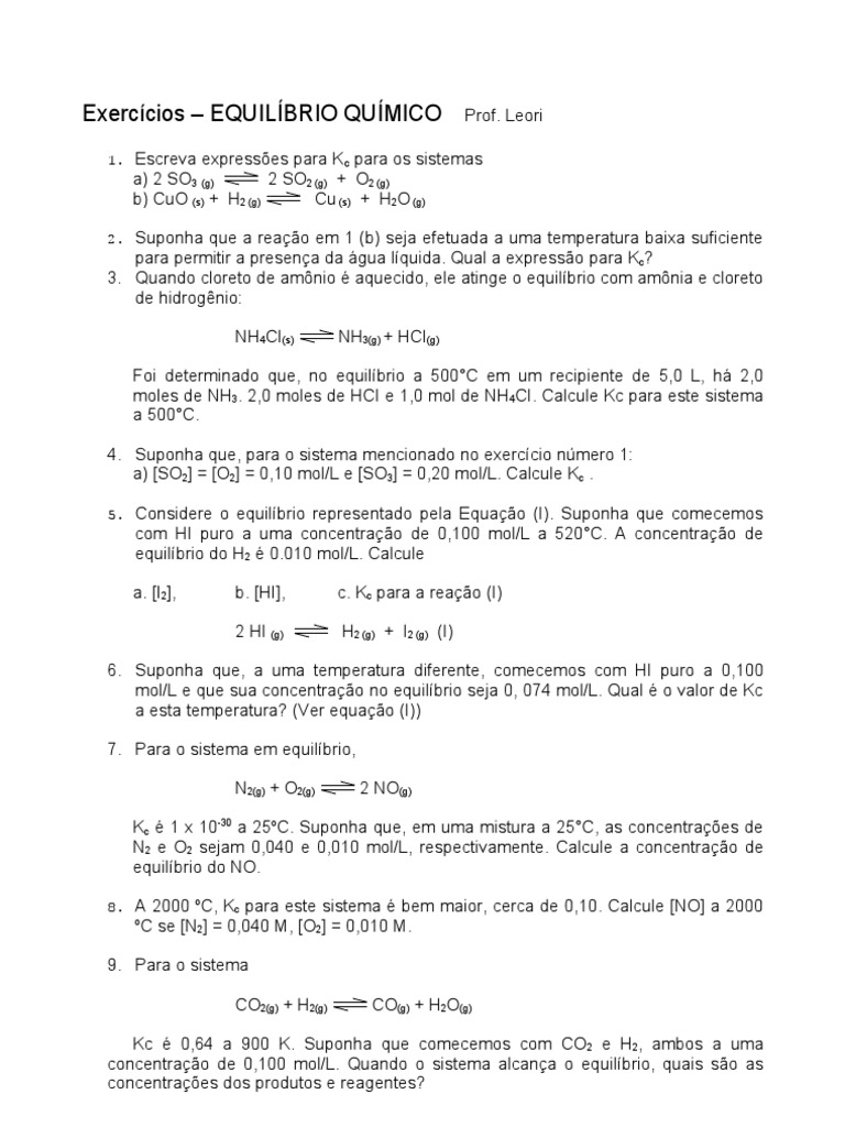 Exercicios - Equilibrio Quimico | PDF | Equilíbrio químico | Mol (unidade)