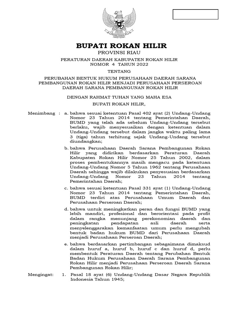 Perubahan BUMD Rokan Hilir Jadi Perseroan | PDF