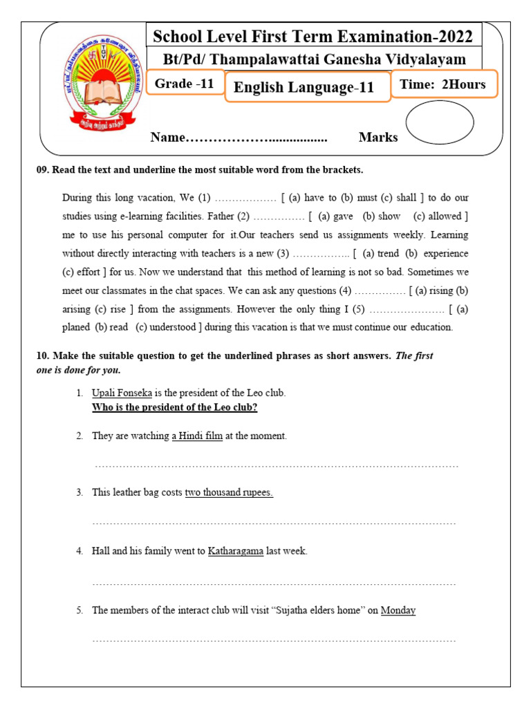 English Language Exam Practice Questions | PDF | Agriculture | Bees