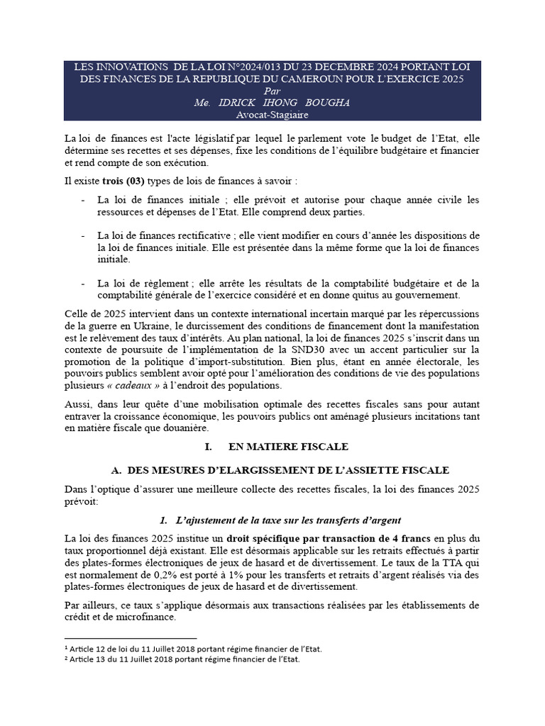 Innovations de la Loi de Finances 2025 | PDF | Impôts | Taxe sur la ...