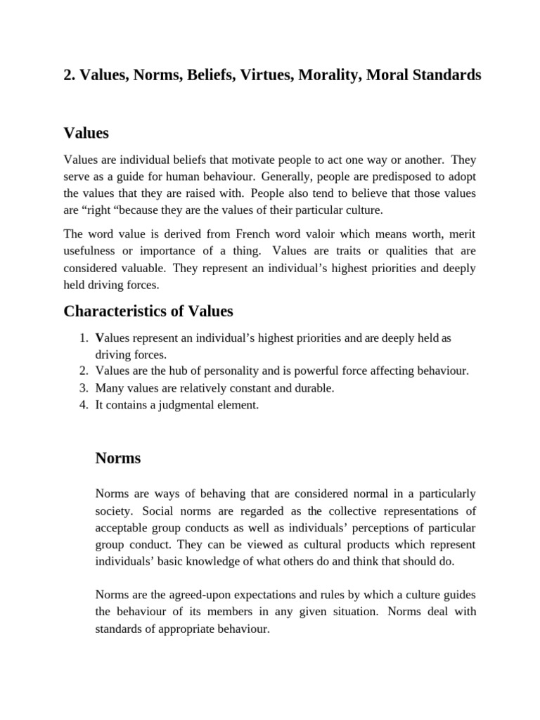 Values, Norms, Beliefs, Virtues, Morality, Moral Standards | PDF ...