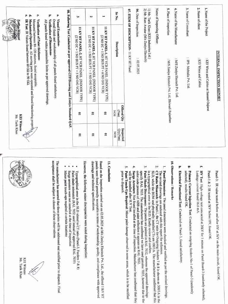 11kV HT Panel Inspection Report | PDF | Electrical Equipment | Electronics