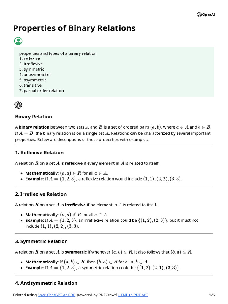 Properties of Binary Relations Explained | PDF | Matrix (Mathematics ...