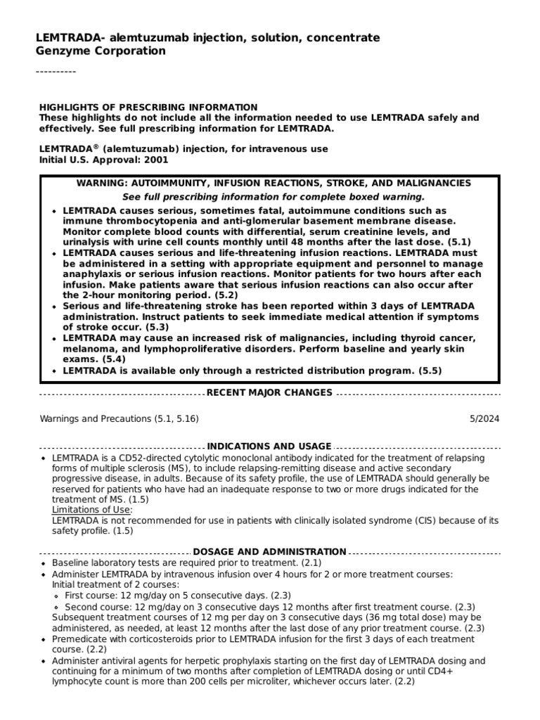 LEMTRADA (alemtuzumab) Injection Overview | PDF | Multiple Sclerosis ...