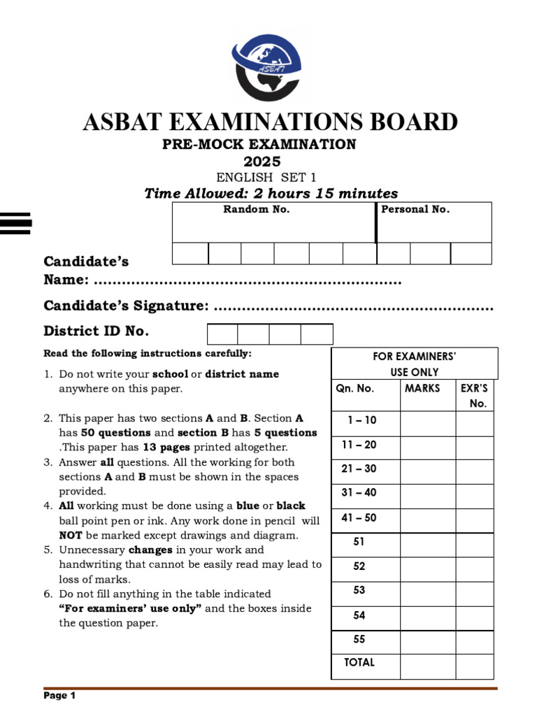 ASBAT 2025 English Pre-Mock Exam | PDF | Traffic | Road