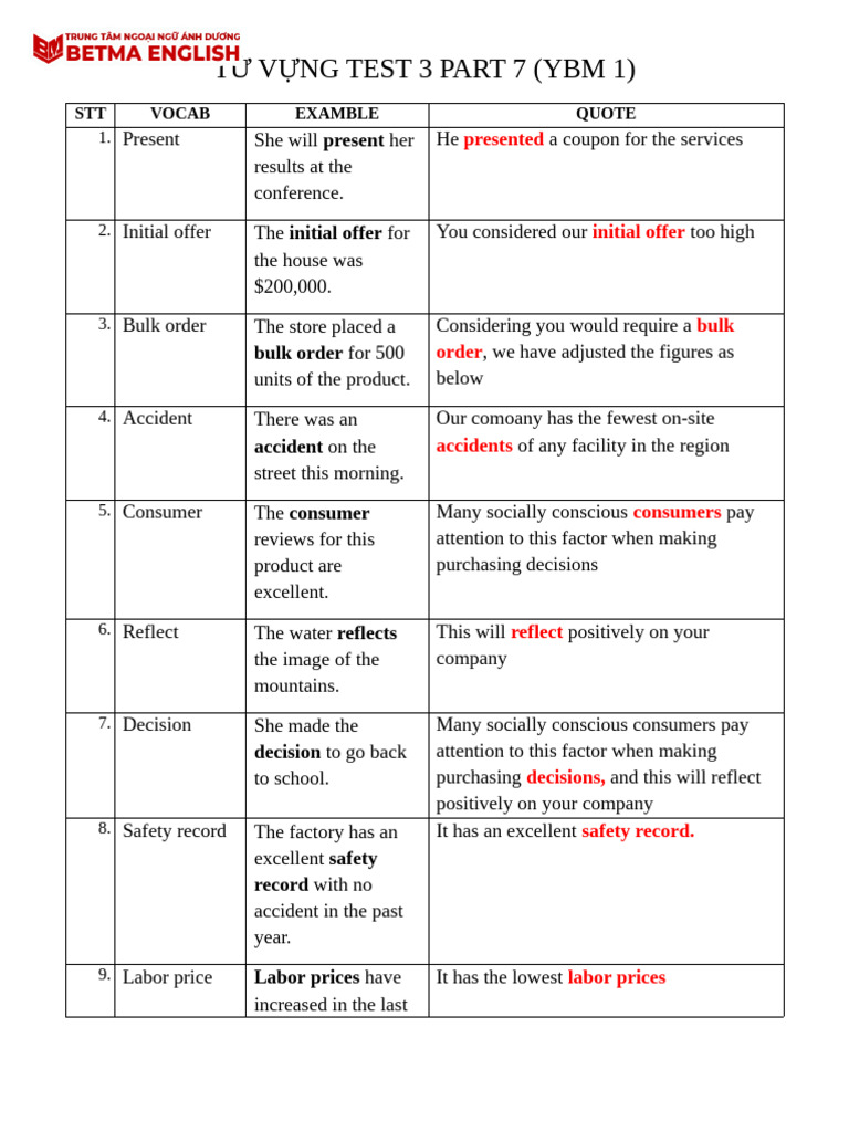 T V NG Test 3 Part 7 (YBM 1) | PDF | Employment | Menu