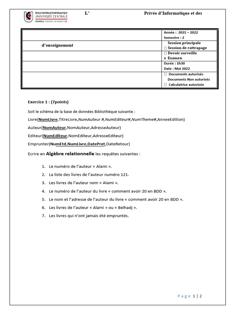 Examen BDD et SQL - Ecole Centrale Tunis | PDF | Bases de données