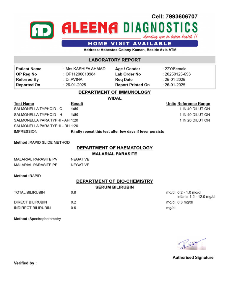 Viral Fever Test Report for Mrs. Ahmad | PDF