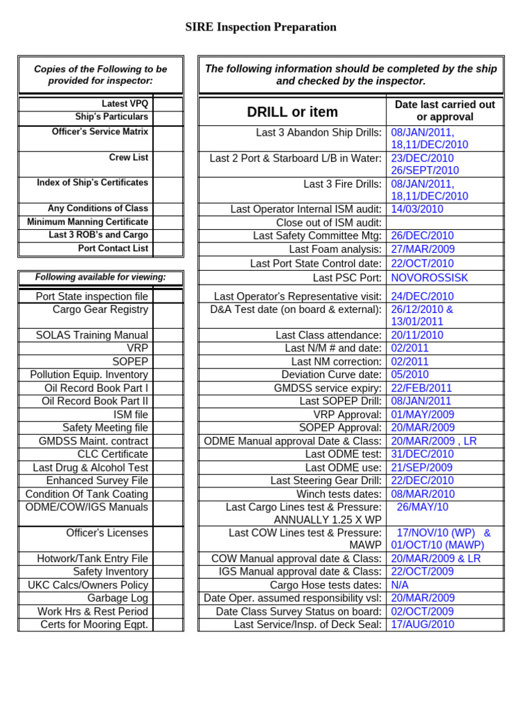 SIRE Inspection Checklist and Preparation | PDF | Water Transport | Ships