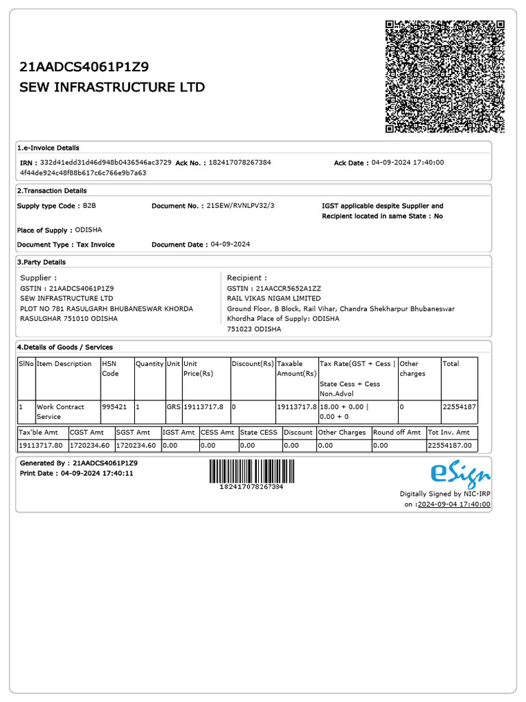 SEW Infrastructure Tax Invoice Details | PDF | Taxes | Sales