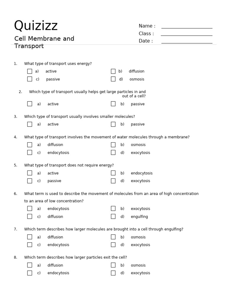 Cell Transport Formative Assessment | PDF | Osmosis | Cell Biology