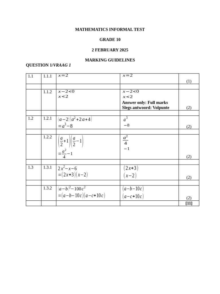 Grade 10 Mathematics Test Guidelines | PDF