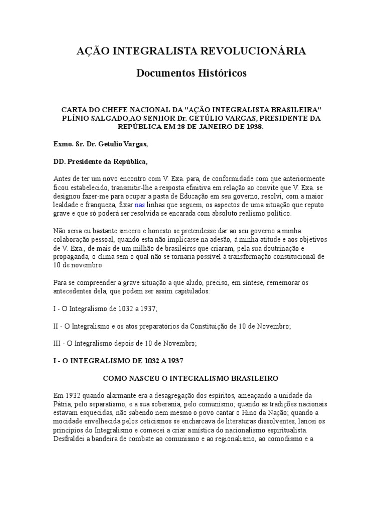 Carta de Plínio Salgado a Getulho Vargas  Brasil  República